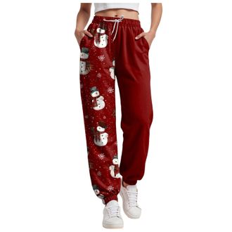 Generic Christmas Sweatpants Christmas Joggers for Women UK High Waist Baggy Trousers Funny Snowman Print Holiday Sweatpants Oversized Xmas Drawstring Jogger 