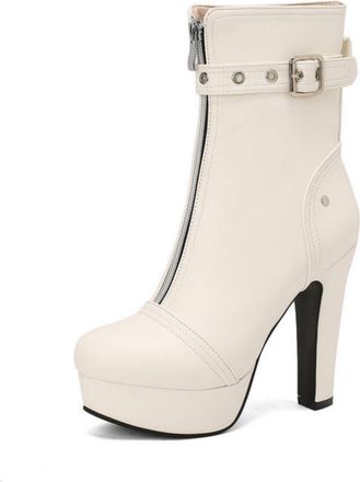 Generic Womens Round Toe Ankle Boots with Buckle Strap & Chunky Platform Heel, Casual Style,White,7.5 UK