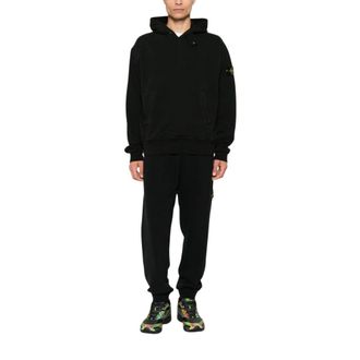 Stone Island Brushed Cotton Fleece Hooded Sweatshirt - Heren - Hoodies - Zwart - L - Katoen - Hoodies & sweatvesten