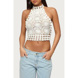 Edikted Crochet Open Back Halter Top in Cream at Nordstrom, Size X-Small