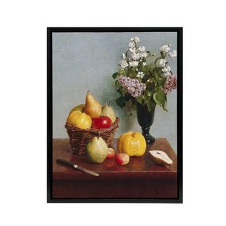 Artery8 Still Life with Flowers & Fruit Latour Black Framed Canvas Wall Art in Yellow | Size: W24 x H32