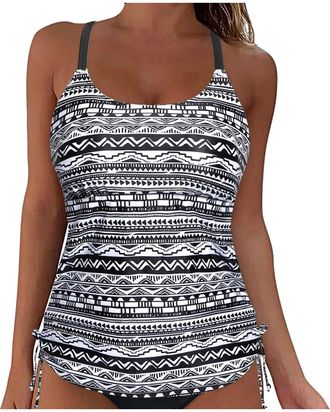 Generic Womens Tankini Tops Only Floral Print Swim Top Blouson Side Drawstring Modest Tank Tops Push Up Swimwear Bikini Top Bathing Suit Top Swimming Costume 