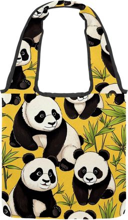 Generic Cute Panda on Yellow Reversible Canvas Shoulder Tote - Double-Sided Print, 12oz Cotton, 27cm Drop, Fold-Flat Bag for Travel, Shopping, Street Outings