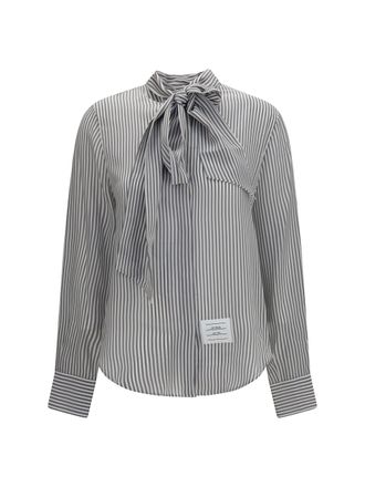 Thom Browne Striped Silk with Removable Collar Shirt - Gray