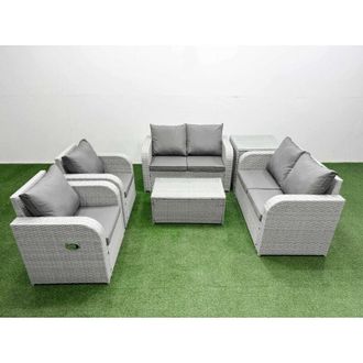 Fimous 6 Seater Outdoor Reclining Chair Love Sofa Set Rattan Garden Furniture Set with Rectangular Coffee Table Side Table Light Grey - Fimous