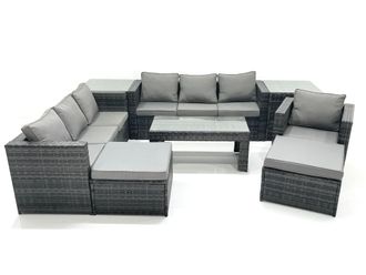 Fimous 9 Seater Rattan Garden Outdoor Furniture Set with 3 Seater Sofa Coffee Table 2 Big Footstool 2 Side tables in Dark Grey
