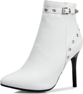 Generic Womens Ankle Boots with Pointed Toe & Stiletto Heel, Studded Buckle Detail Boots for Party & Evening Wear,White,6.5 UK