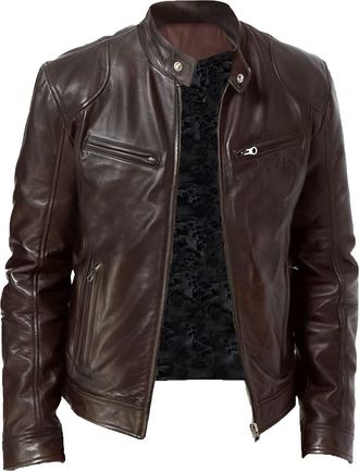 Generic Mens Autumn And Winter Stand Collar Leather Jacket Zip Faux Leather Biker Jacket Long Sleeve Jacket Men S Suspenders Y Back (Brown, L)
