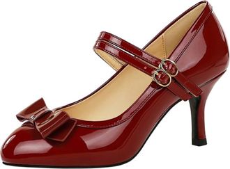 Generic Womens Stiletto Round Toe Pumps 7CM Ankle Strap Patent Leather Bow Wedding Evening Party Court Shoes-Numeric_8_Point_5 Red