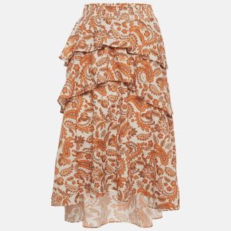 Maje Off-White/orange Paisley Print Cotton Asymmetrical Midi Skirt