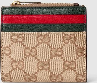 Gucci Zip Card Case With Multicolor Slots, Beige, Original GG Fabric
