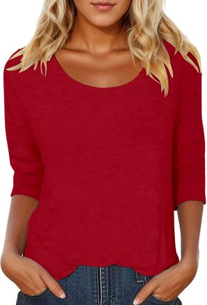 Generic DFEK 3/4 Sleeve Tops for Women UK, Scoop Neck T-Shirt Solid Color Soft Cotton Casual Basic Tee Top for Women, Long Sleeve Loose Fit Comfortable Blouse