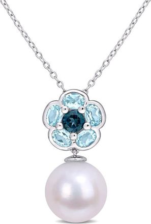 Amour 1 3/5 CT TGW Blue Topaz and 11-12 Mm Freshwater Cultured Pearl Floral Pendant with Chain In Sterling Silver