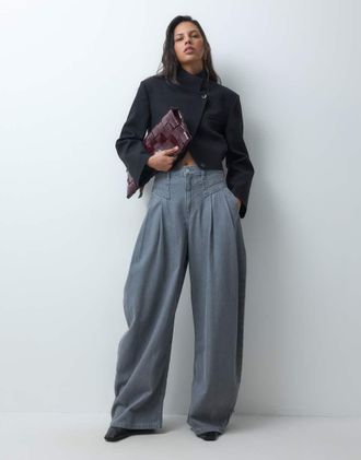 Asos jeans a gamba ampia con vita stretta e dettagli di cuciture in antracite-Nero