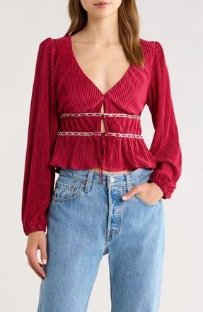 All in Favor Tie Front Satin Pliss&eacute; Top in Wine at Nordstrom Rack, Size X-Small
