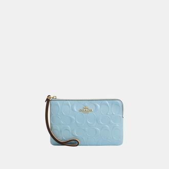 Coach Womens Corner Zip Wristlet In Signature Leather With Charm - Dark Blue - One Size