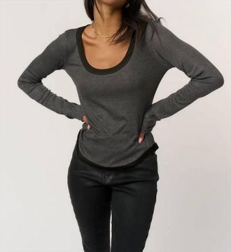 Bloomingdale's Contrast Scoop Neck Rib Long Sleeve Top In Charcoal/black