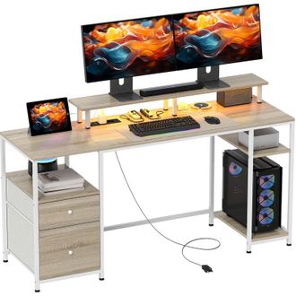 HOMCOM Mesa De Escritorio Mesa De Ordenador Con Luces Led Estantes Cajones Tomas De Corriente Puertos Usb Y Soporte Para Monitor 155,5x48x88,5 Cm Natural