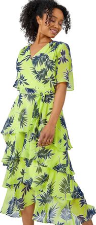 Roman Womens Tropical Print Tiered Midi Dress - Lime Green - Size 8 UK