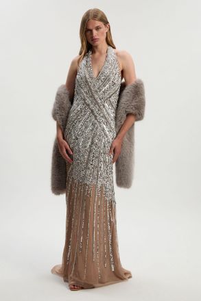 Karen Millen Womens Metallic Embellished And Beaded Halter Maxi Dress - Nude - Size 12 UK
