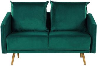 Beliani Sof&aacute; Tapizado En Terciopelo Verde Esmeralda 2 Plazas Respaldo Acolchado Asiento Metal Patas Doradas Retro Glam Maura