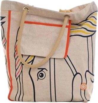 Herm&egrave;s Pre-owned Tote Bags, female, Beige, Size: ONE SIZE Pre-owned Printed Canvas Tote Bag