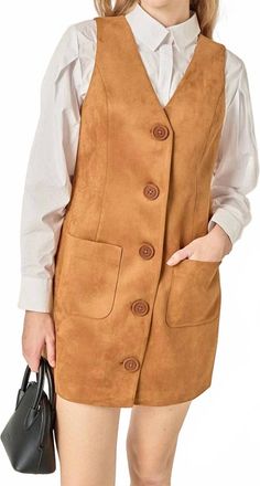 English Factory Faux Suede Vest Dress In Camel