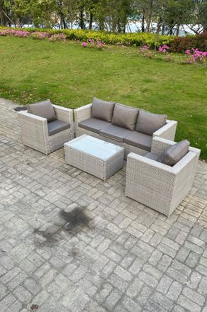 Fimous 4 PC Light Grey Outdoor PE Rattan Garden Furniture Set Wicker Sofa Coffee Table 2 Armchair