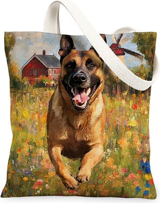 Generic Spring Belgian Malinois Dog Canvas Tote Bag for Shopping 13x15, Country Garden Puppy Reusable Grocery Print Pattern Bag for Women, Fun Flower Pet Beac