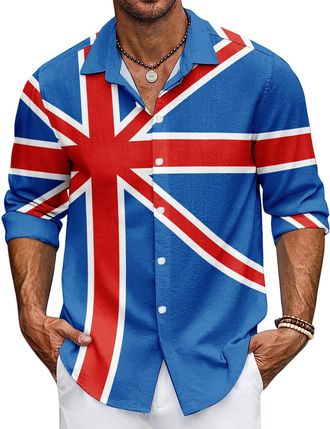 Generic Mens Union Jack Shirt Great Britain Bunting Flags Print Long Sleeve Shirts Casual Button Down Shirt (UK, Alpha, 4XL, Regular, Regular, 5)