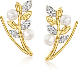 Ross-Simons 3.5-4mm Cultured Pearl Leaf Ear Climbers With Diamond Accents in 14kt Yellow Gold