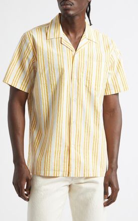 Drake's Print Triple Stripe Cotton Camp Shirt in Off White/Yellow at Nordstrom, Size X-Large