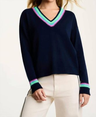 Lisa Todd Textured Mixed V-Neck Long Sleeve Sweater In Navy / Multi