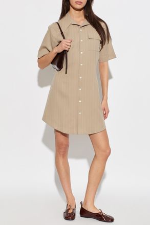 Ami Wool Dress With A Striped Pattern, Womens, Beige