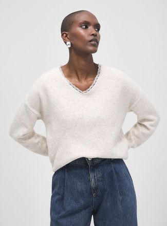 Fransa Womens Lace V-neck felted knit sweater