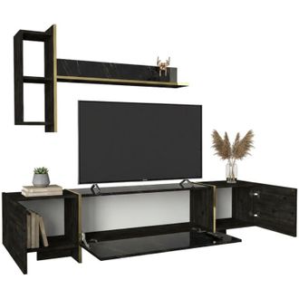 Dmora Mobile porta tv Beinasco, Credenza da soggiorno, Armadio basso per tv, Base parete attrezzata, 180x32h45 cm, Nero e Oro - Dmora