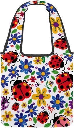 Generic Ladybugs Daisies Flowers Reversible Canvas Shoulder Tote - Double-Sided Print, 12oz Cotton, 27cm Drop, Fold-Flat Bag for Travel, Shopping, Street Outi