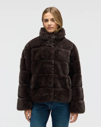 NVLT Womens Wide Stripe Faux Fur Jacket with Stand Collar