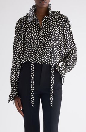 Chlo&eacute; Polka Dot Jacquard Organic Silk Cr&ecirc;pe de Chine Shirt in Beige - Black at Nordstrom, Size 10 Us