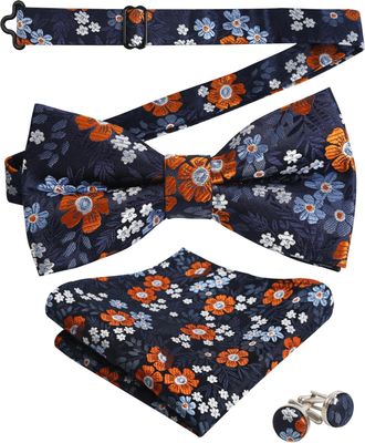 Alizeal Mens Floral Pattern Pre-tied Bow Tie, Pocket Square and Cufflinks Set, Navy Blue+Orange