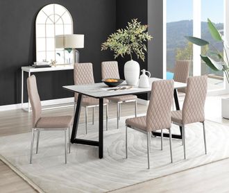 Furniturebox Carson White Marble Effect Dining Table & 6 Milan Chrome Leg Chairs in Beige