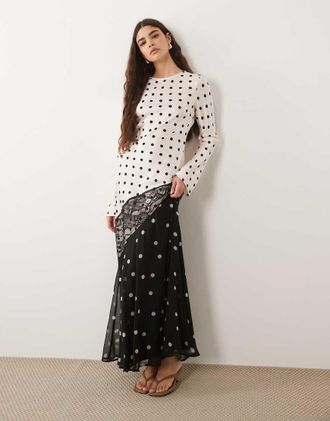 Asos Vestito lungo in raso a pois monocromatici con finiture in pizzo-Multi