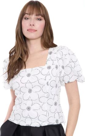 Muse Muse Top Women White Floral Print Square Neck Puff Sleeve Blouse Preppy PAL76