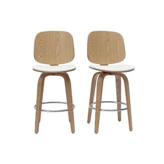 Miliboo Set De 2 Taburetes De Cocina Giratorios De Dise&ntilde;o Blanco Y Madera Clara 66 Cm Beck