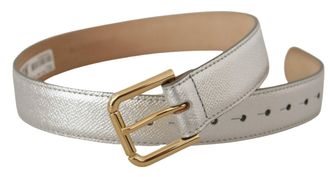 Dolce & Gabbana Womens Silver Leather Gold Tone Logo Metal Waist Buckle Belt