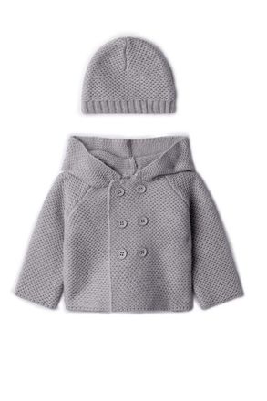 Lux Cozy Knit Button-Front Hooded Jacket and Matching Hat Set in Dove Grey Mix at Nordstrom, Size 24M