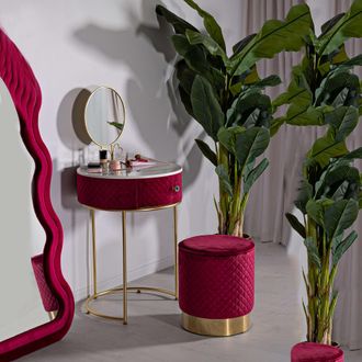Dmora Toque De Lujo: Tocador Mbale Con Caj&oacute;n, Tapizado De Terciopelo Acolchado, Estructura Met&aacute;lica, 52x52x70h Cm, Rojo