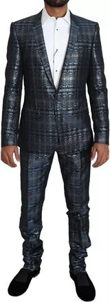 Dolce & Gabbana Blue Silver Shiny 2 Piece Slim GOLD Mens Suit
