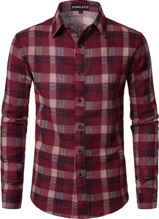 PARKLEES Mens Cotton Linen 70s Disco Retro Traditional Pattern Printed Long Sleeve Button Down Shirt Red Plaid Large