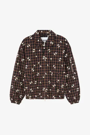 Ganni Cappuccino Bomber in Printed Check - Size XS/S Organic Cotton